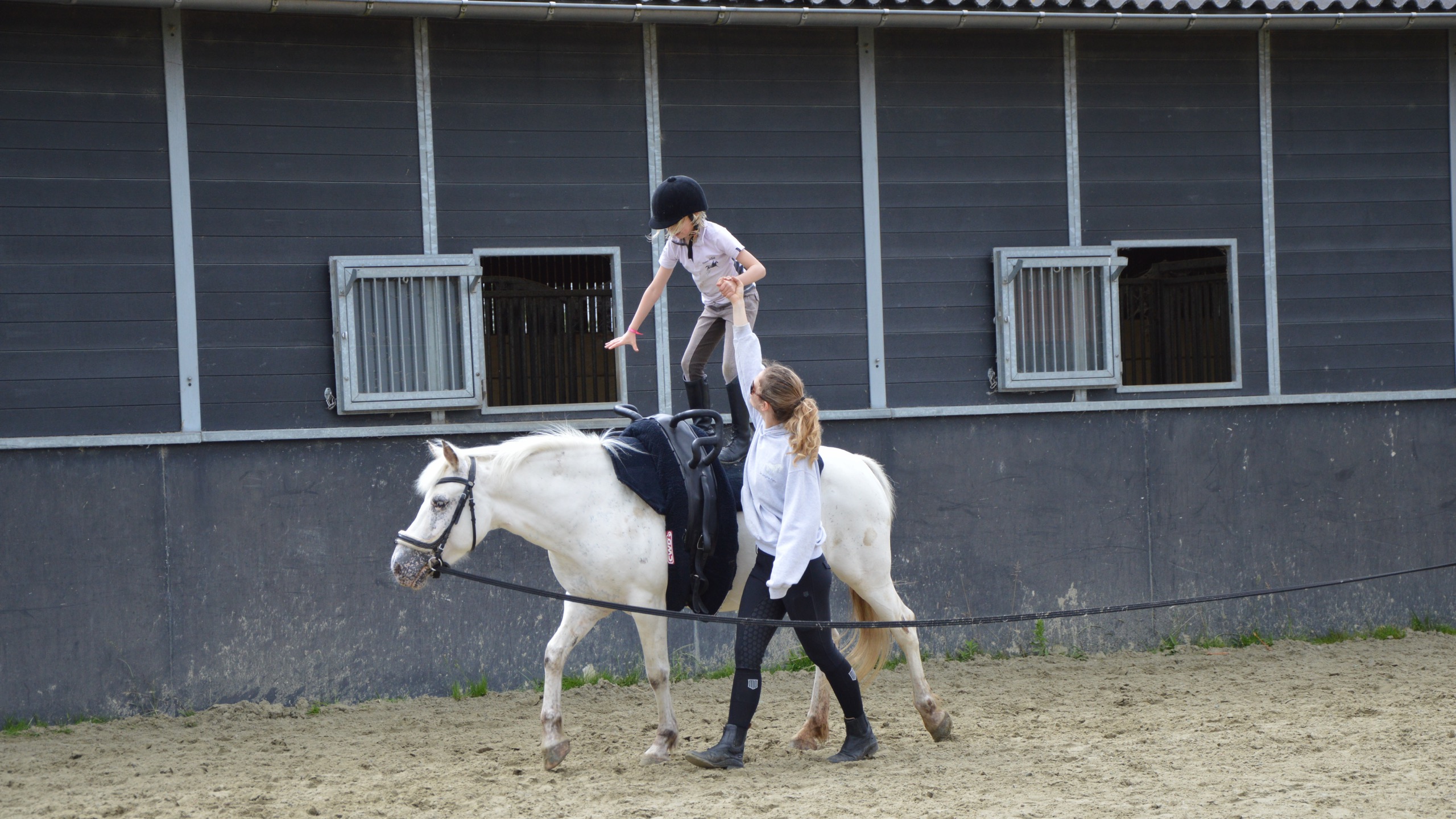 Voltige: kind doet een acrobatische oefening op de rug van een pony